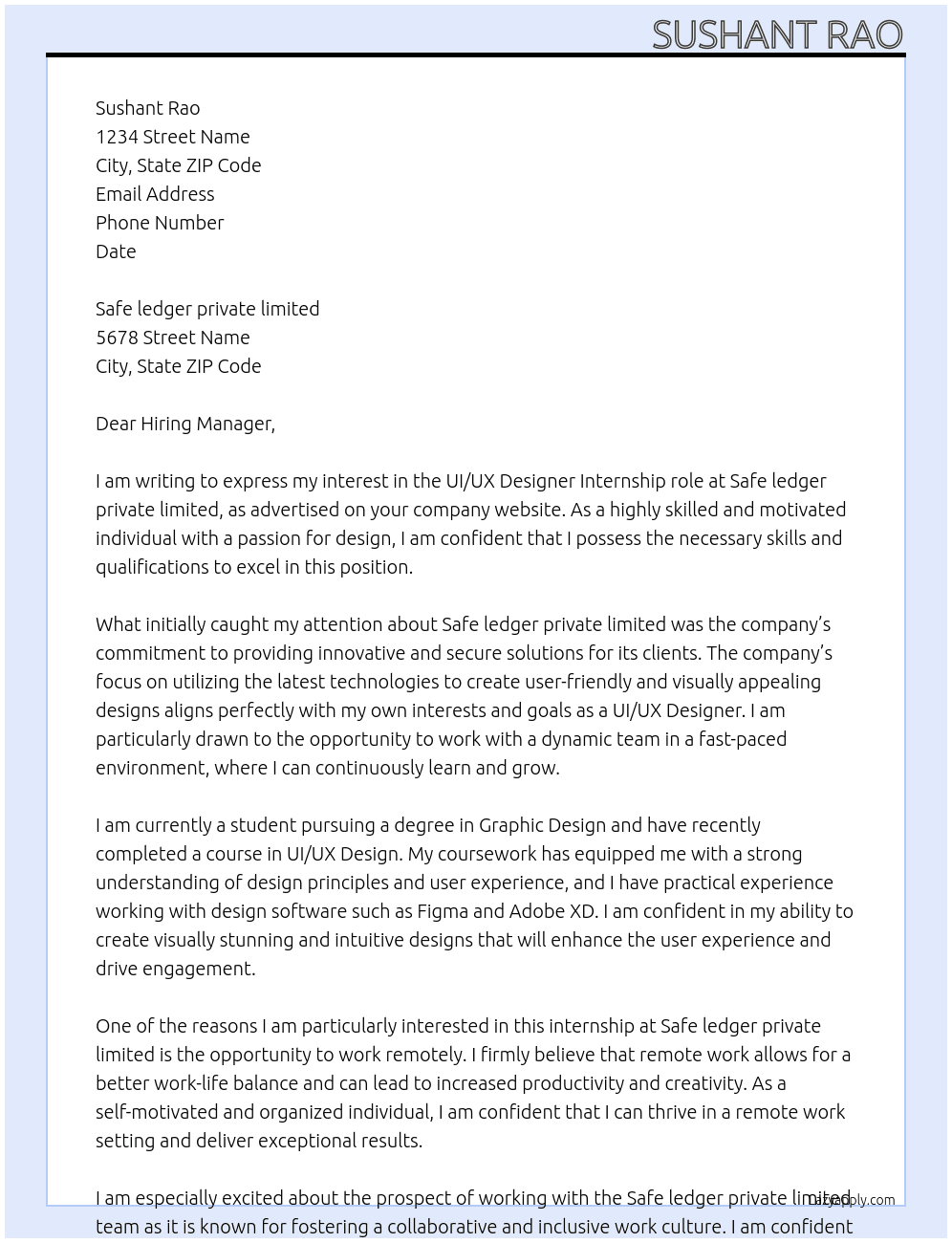 UI UX Designer  At Safe ledger private limited Cover Letter