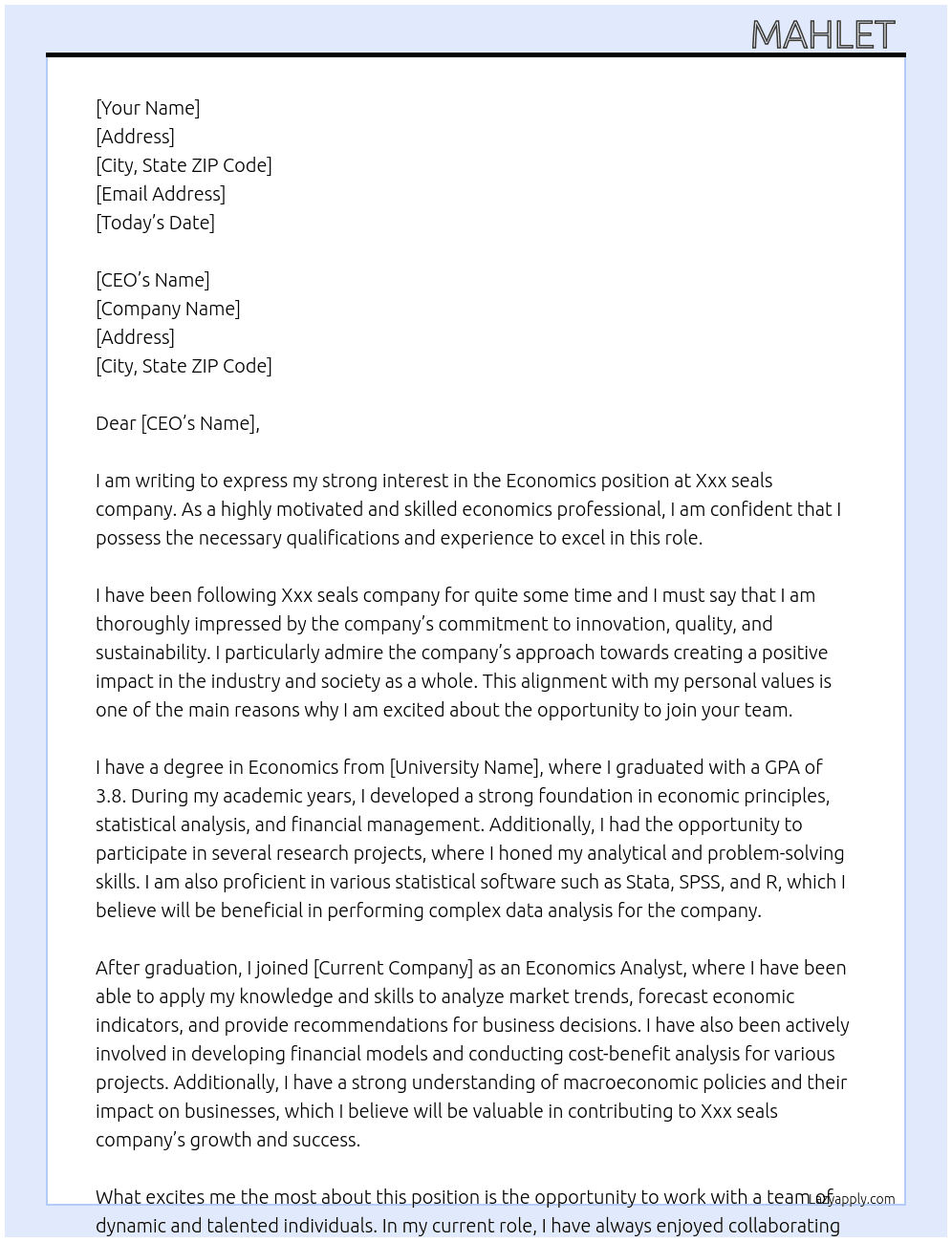 Economics  At Xxx seals company  Cover Letter