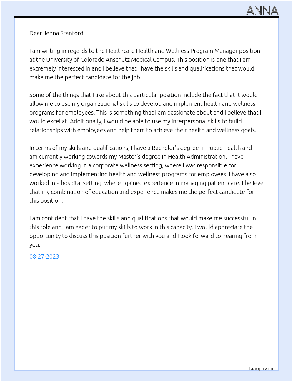 Healthcare Health and Wellness Program Manager  At University of Colorado Anschutz Medical Campus Cover Letter