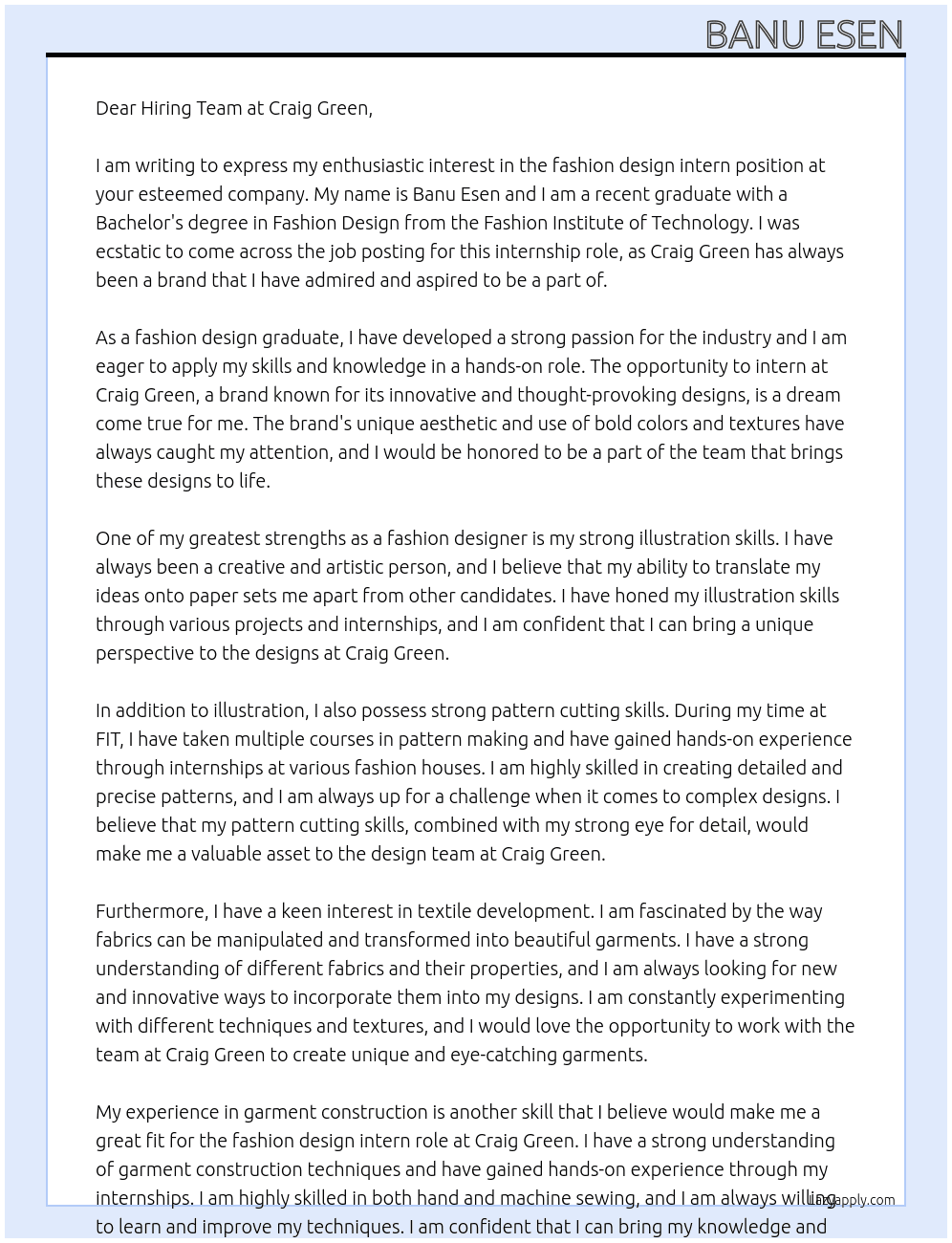 fashion design intern At Craig Green Cover Letter