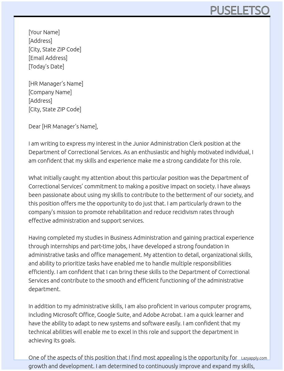 Junior Administration Clerk At Department of Correctional Services Cover Letter