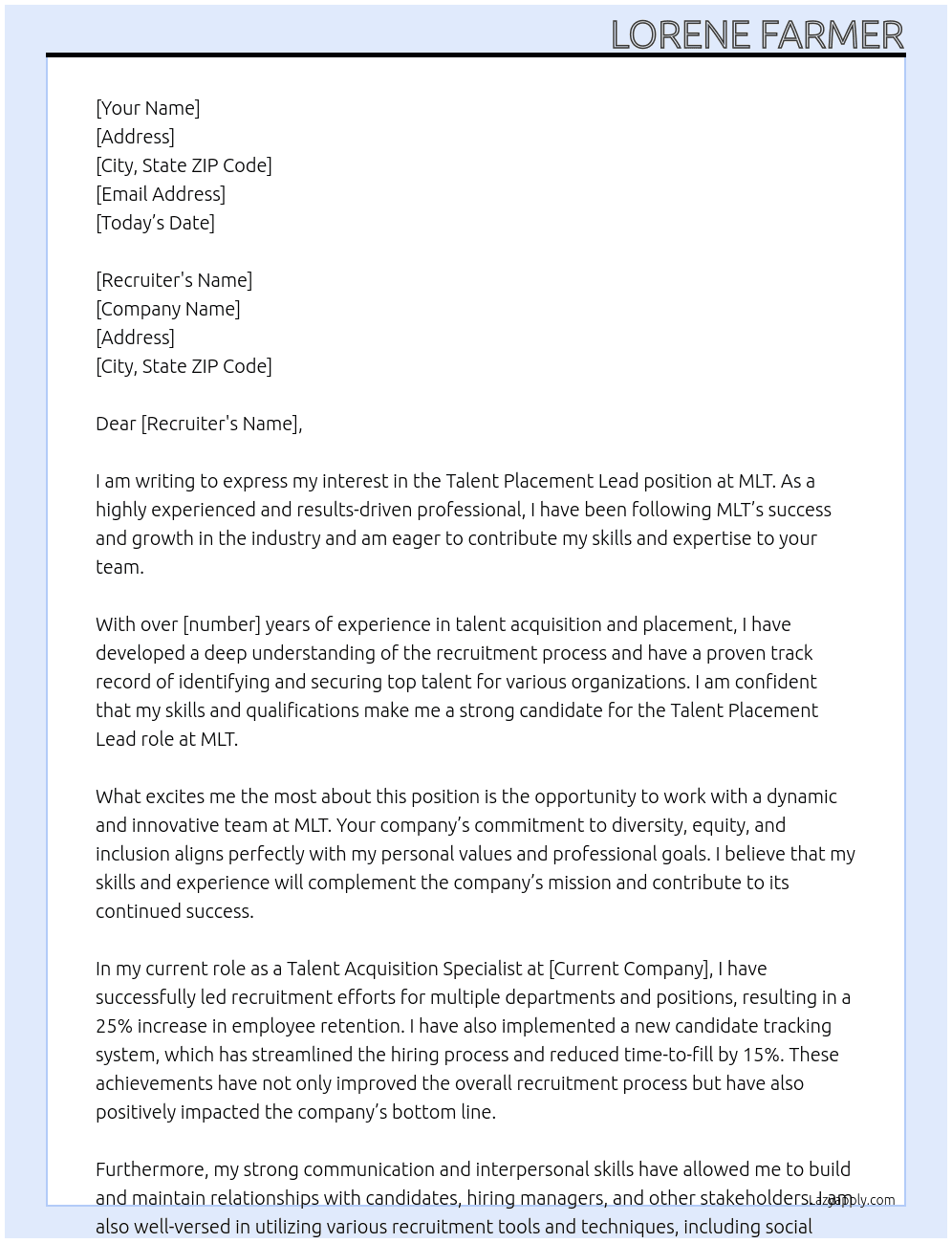 Talent Placement Lead At MLT Cover Letter