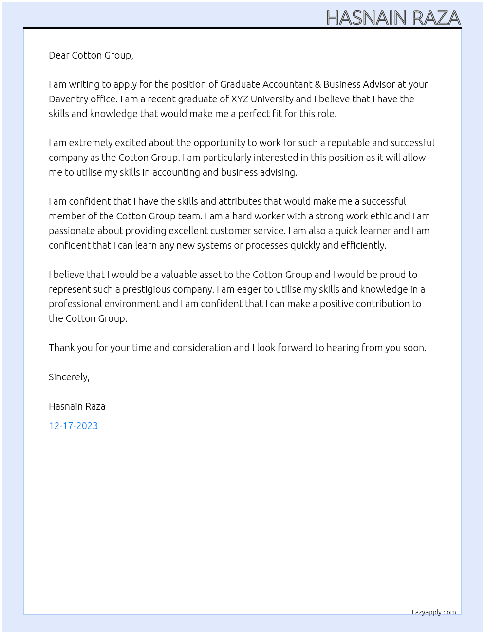 Graduate Accountant & Business Advisor – Daventry At Cotton group Cover Letter