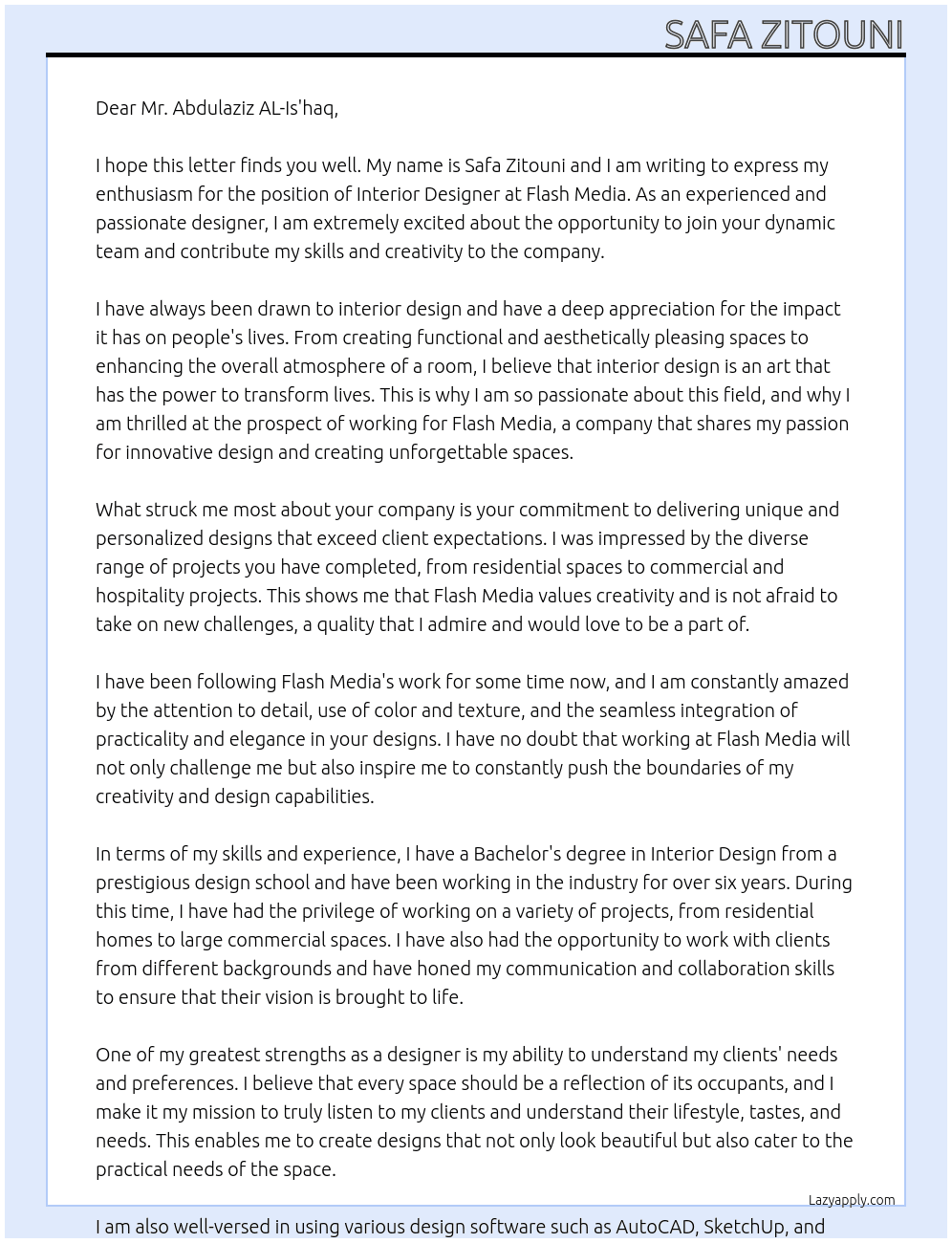 INTERIOR DESIGNER At Flash Media Cover Letter