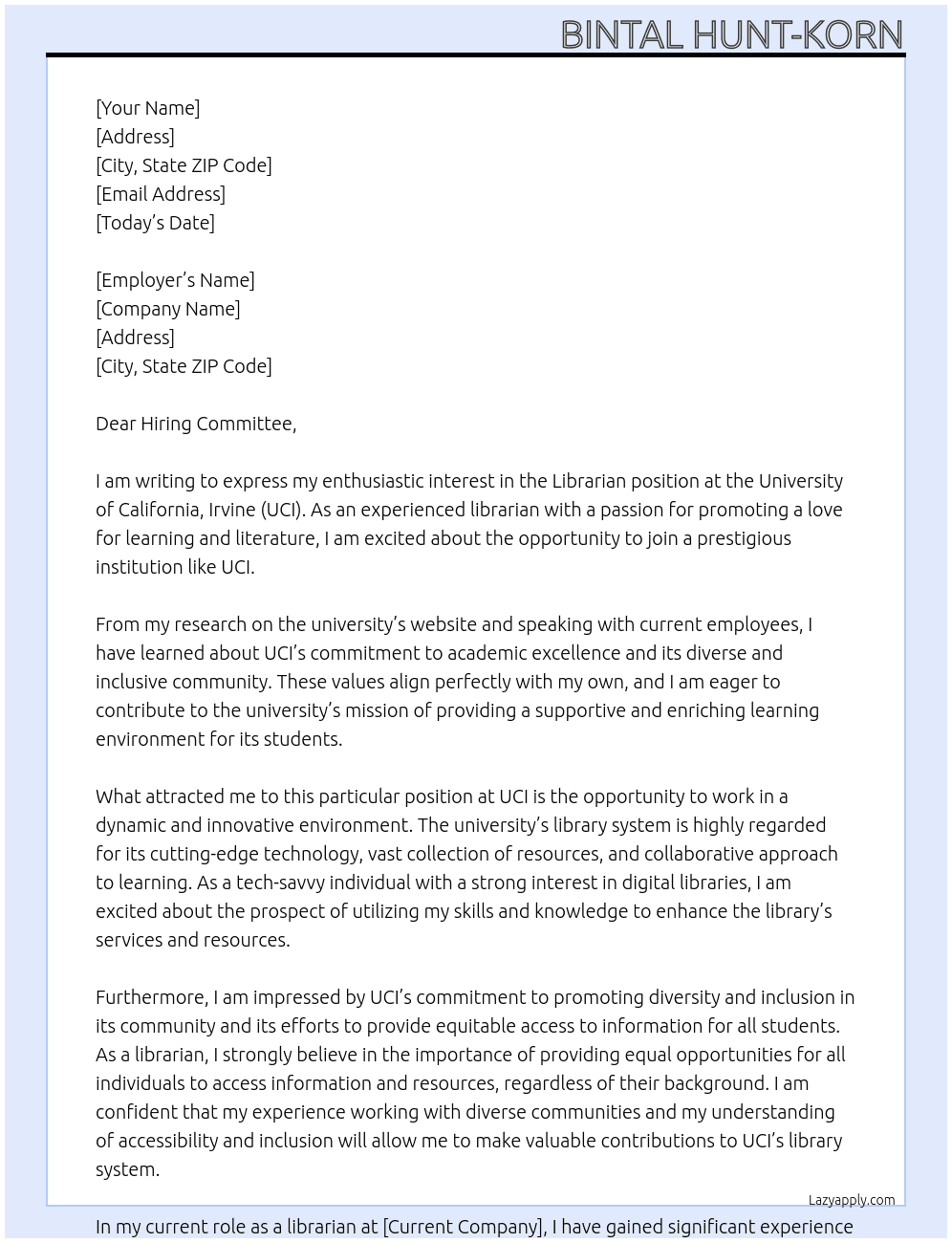 Librarian At UCI Cover Letter