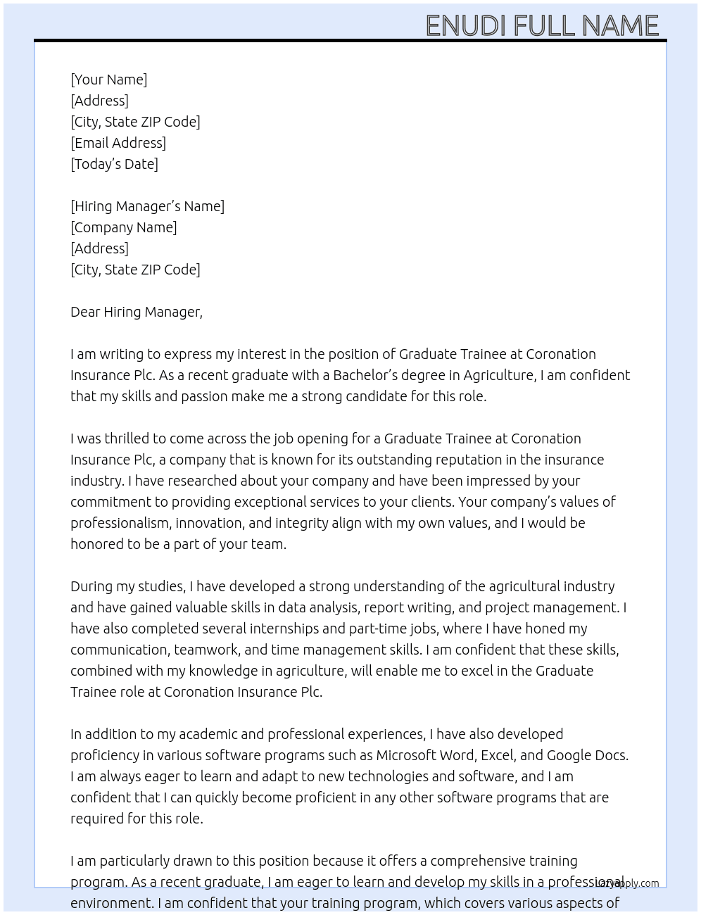 Graduate trainee At Coronation insurance plc Cover Letter