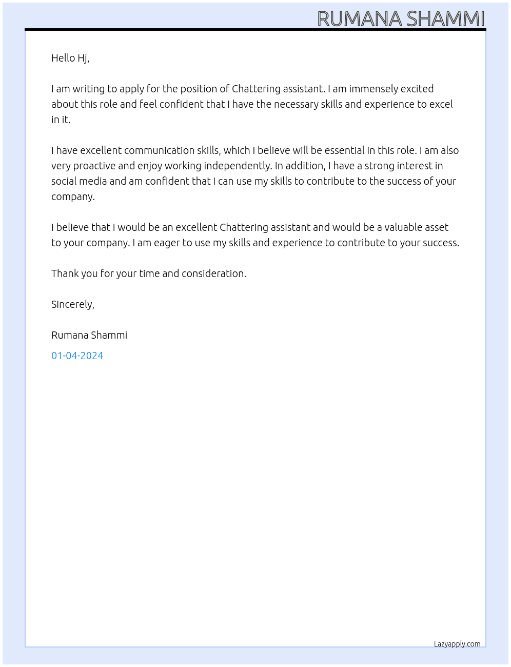 Chattering assistant  At Hj Cover Letter