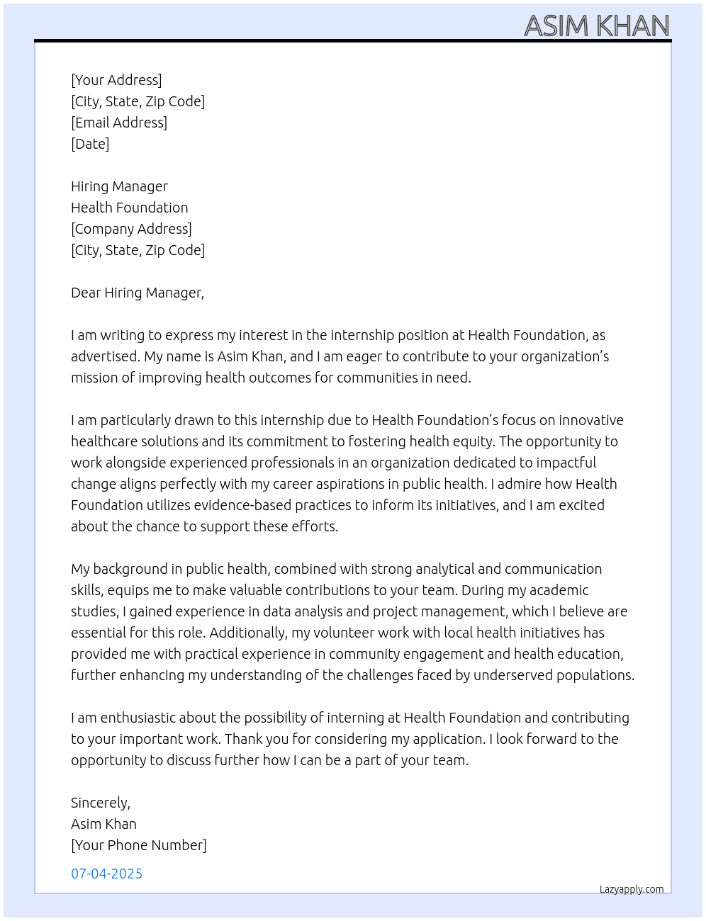 Internship At health foundation Cover Letter