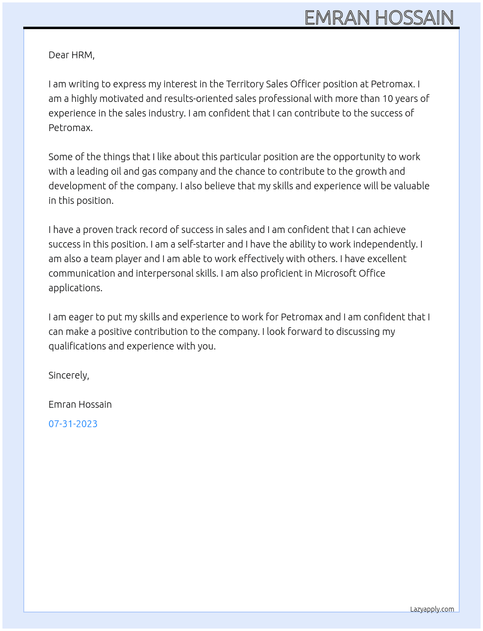 Territory Sales Officer At Petromax  Cover Letter