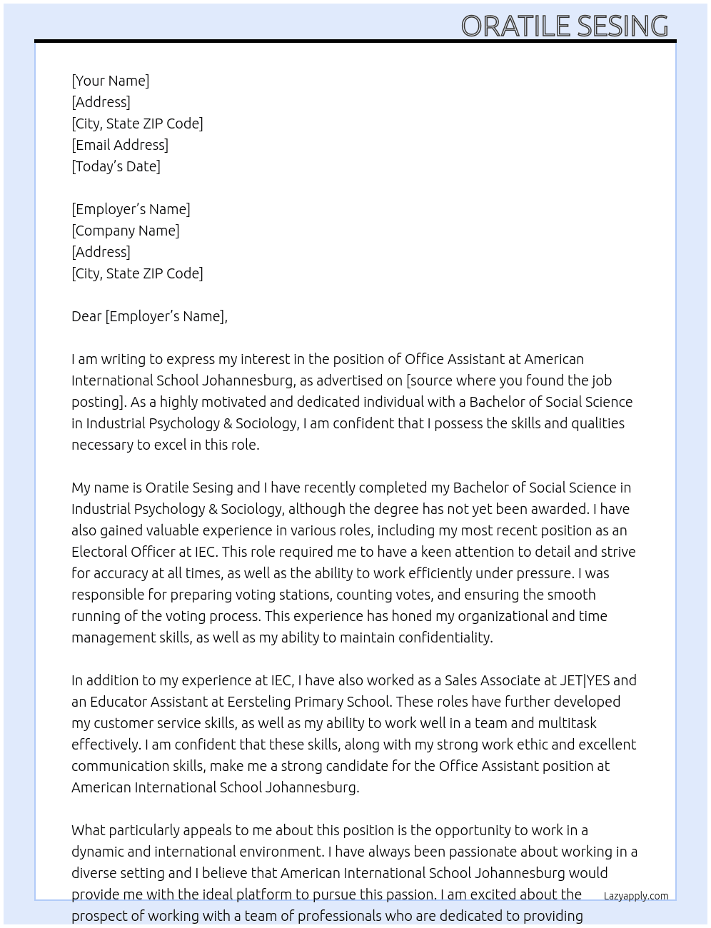 Office Assistant  At American International School Johanesburg  Cover Letter