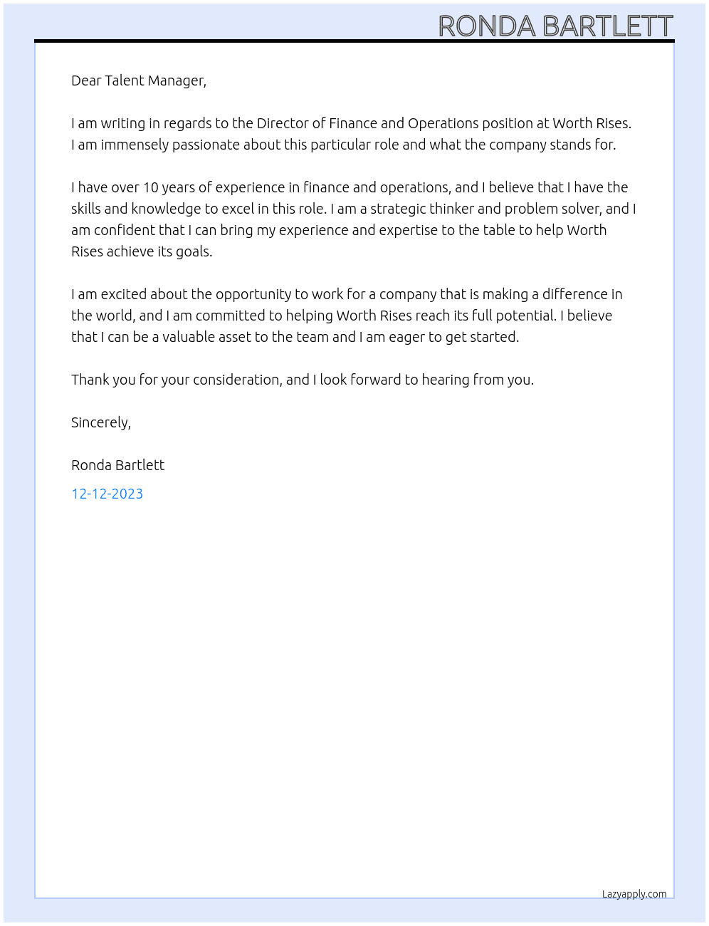 Director of Finance and Operations At Worth Rises Cover Letter