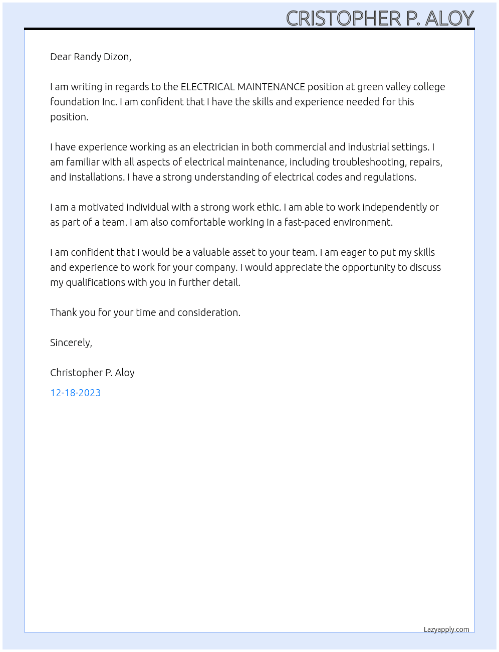 ELECTRICAL MAINTENANCE At green valley college foundation Inc. Cover Letter