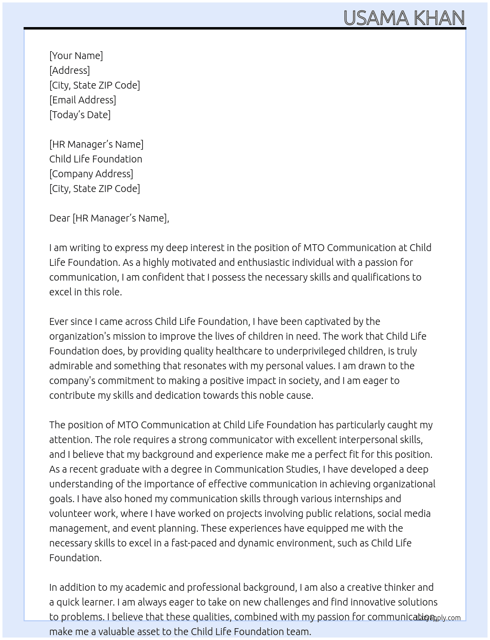 MTO communication At Child life foundation Cover Letter