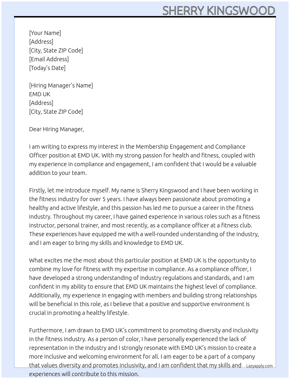 Membership Engagement and Compliance Officer At EMD UK Cover Letter
