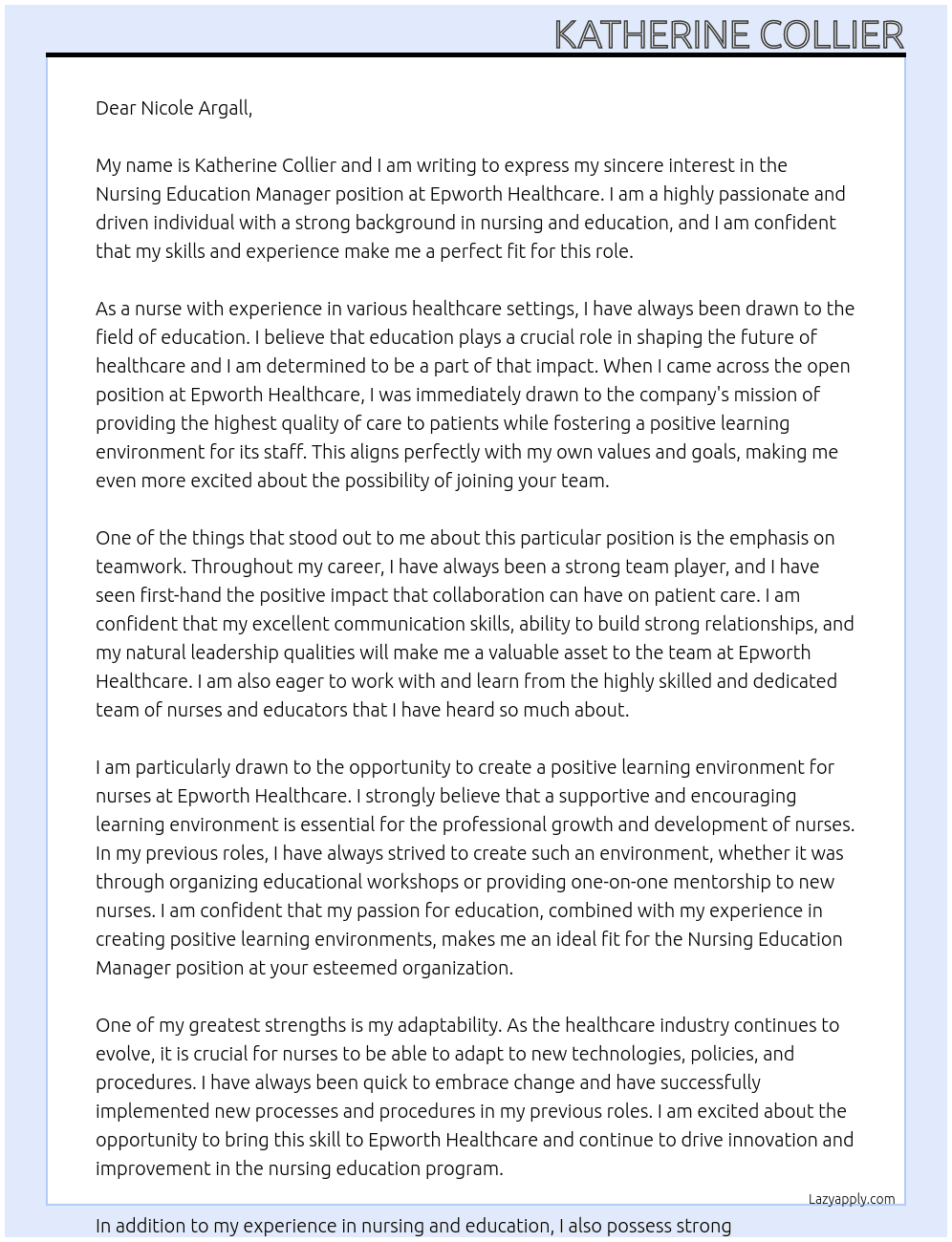 Nursing education Manager At Epworth Healthcare Cover Letter