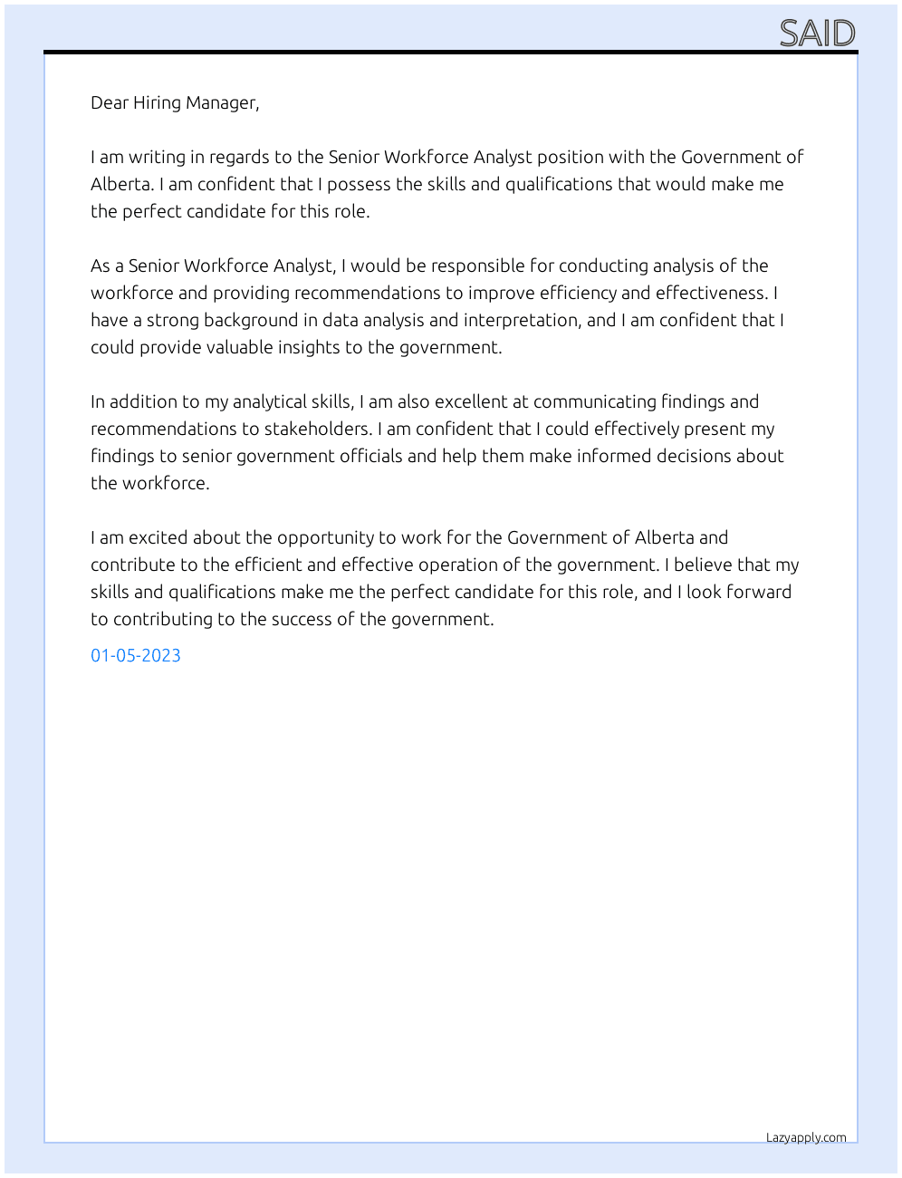 Senior workforce analyst  At Government of Alberta  Cover Letter