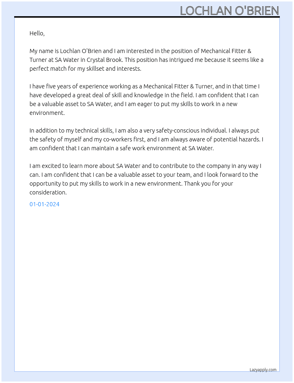 Mechanical Fitter & Turner At SA Water, Crystal Brook Cover Letter