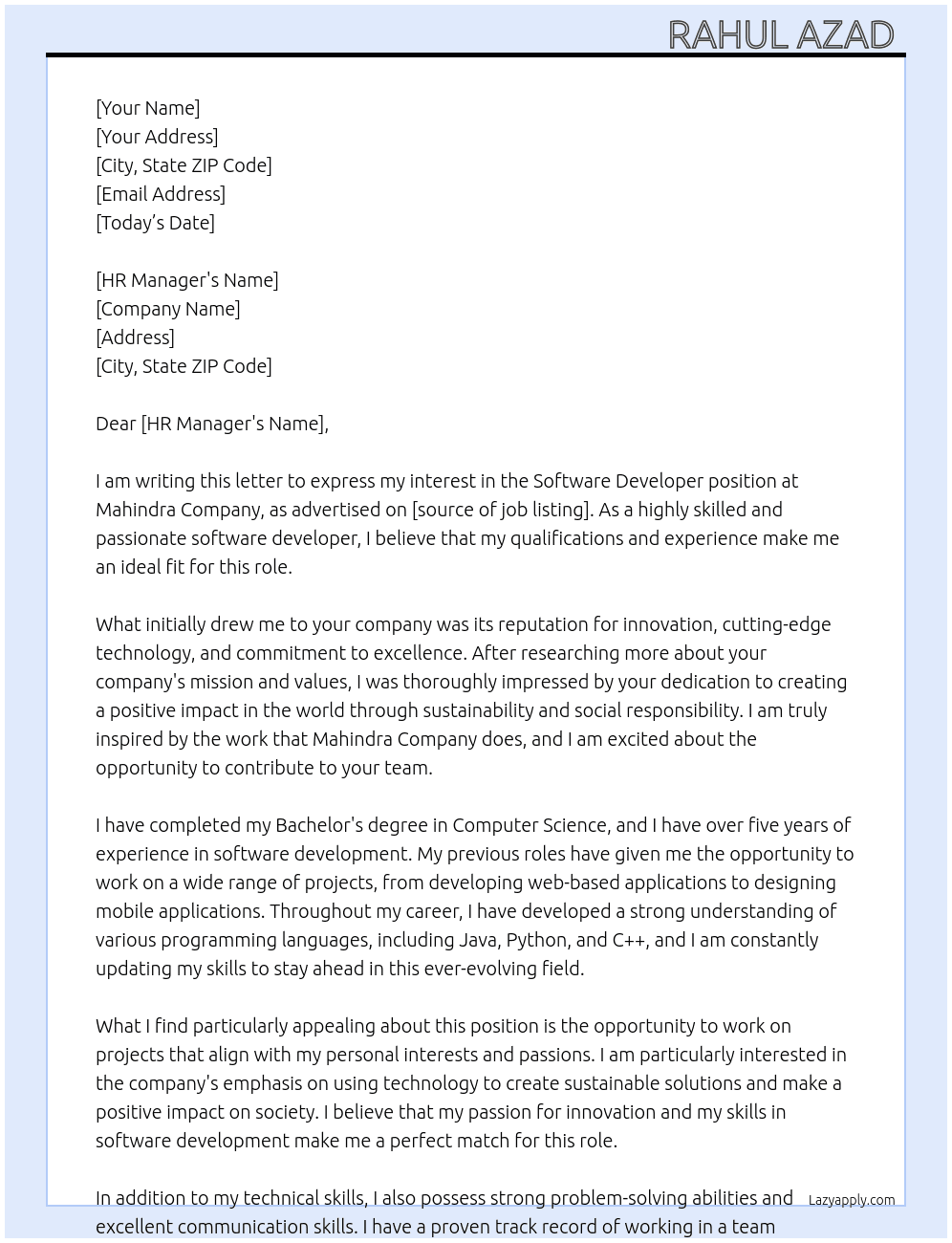 Software developer  At Mahindra company  Cover Letter