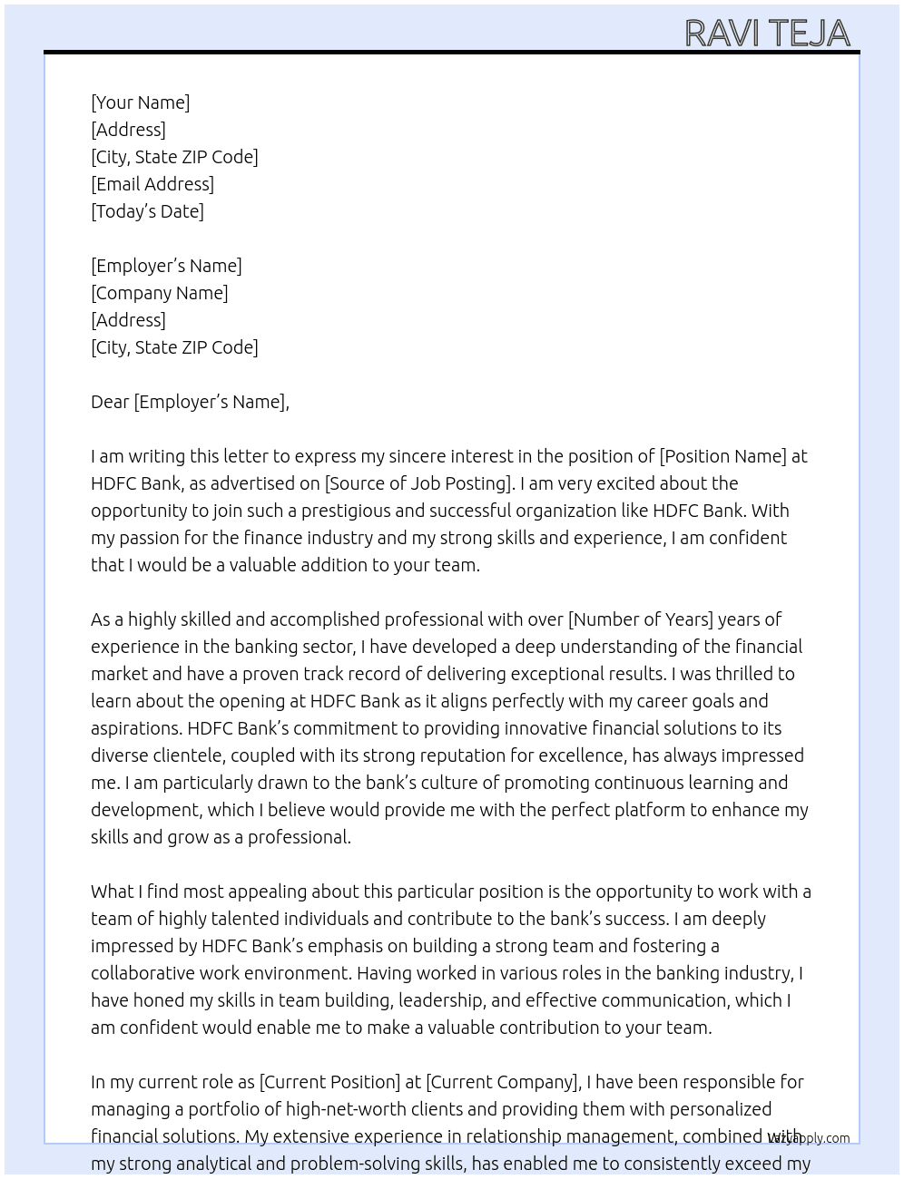 HDFC Bank  At HDFC Bank  Cover Letter