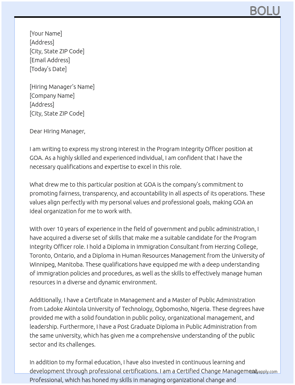 Program Integrity Officer At GOA Cover Letter