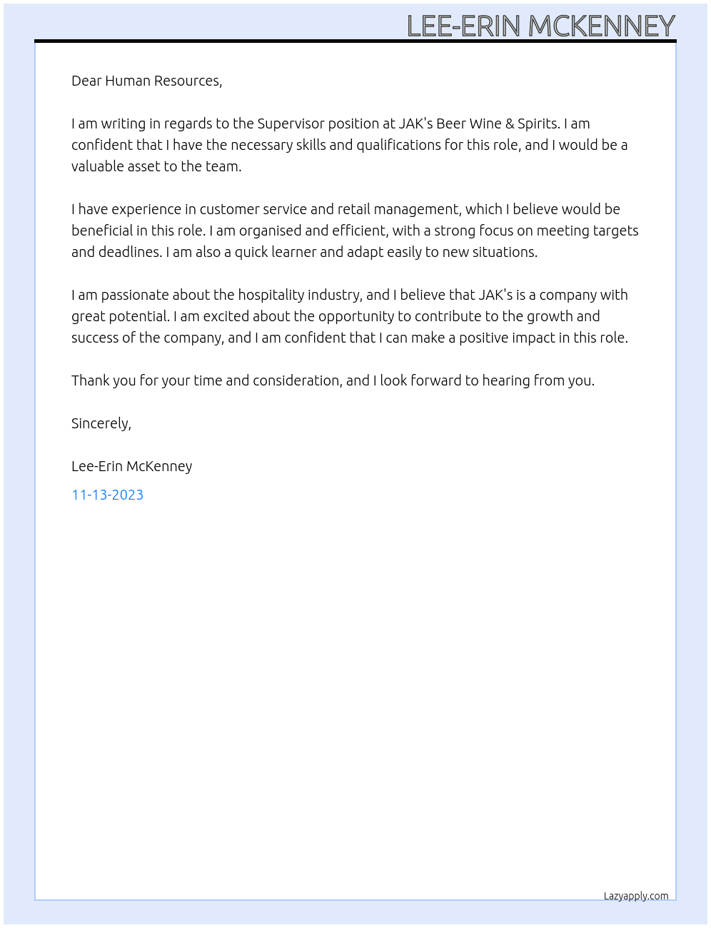 Supervisor  At JAK's Beer Wine & Spirits Cover Letter