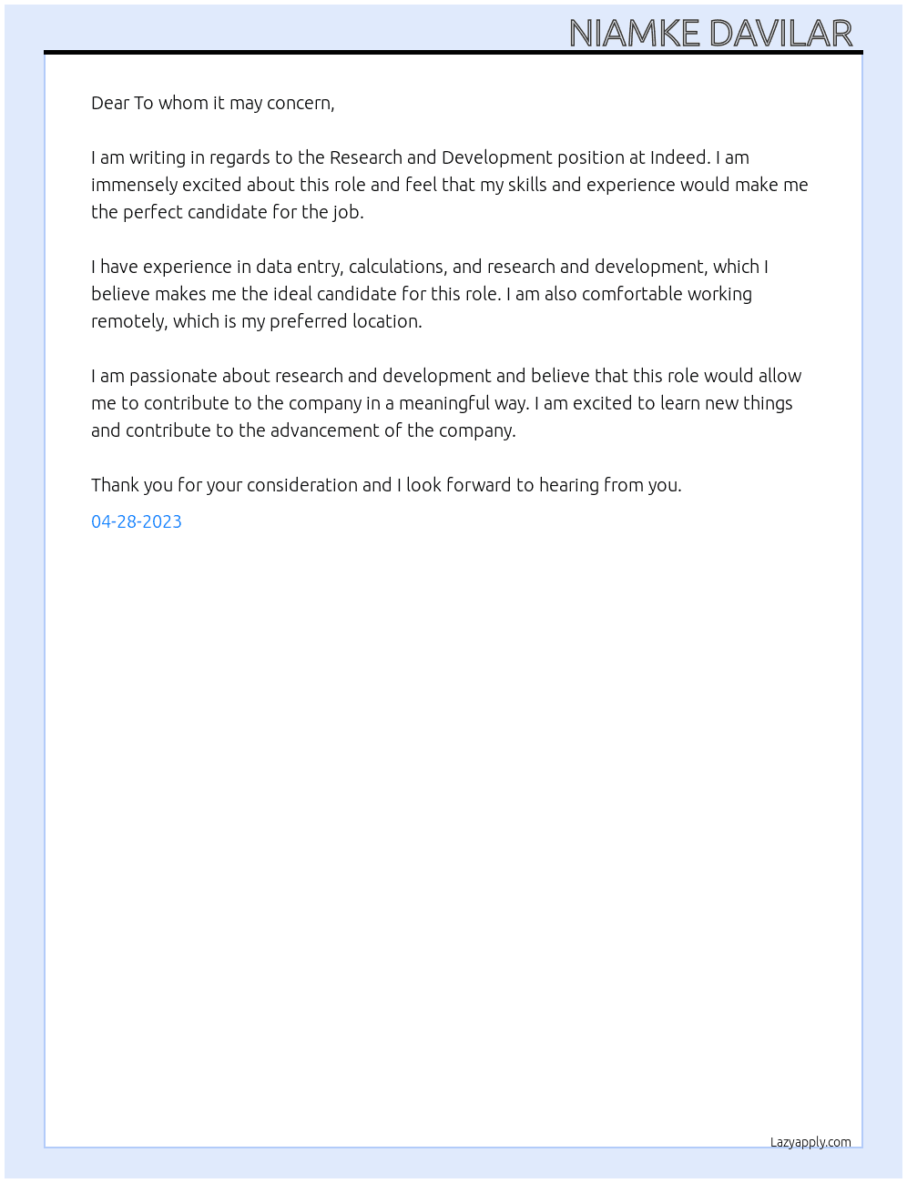 Research and Development  At Indeed  Cover Letter