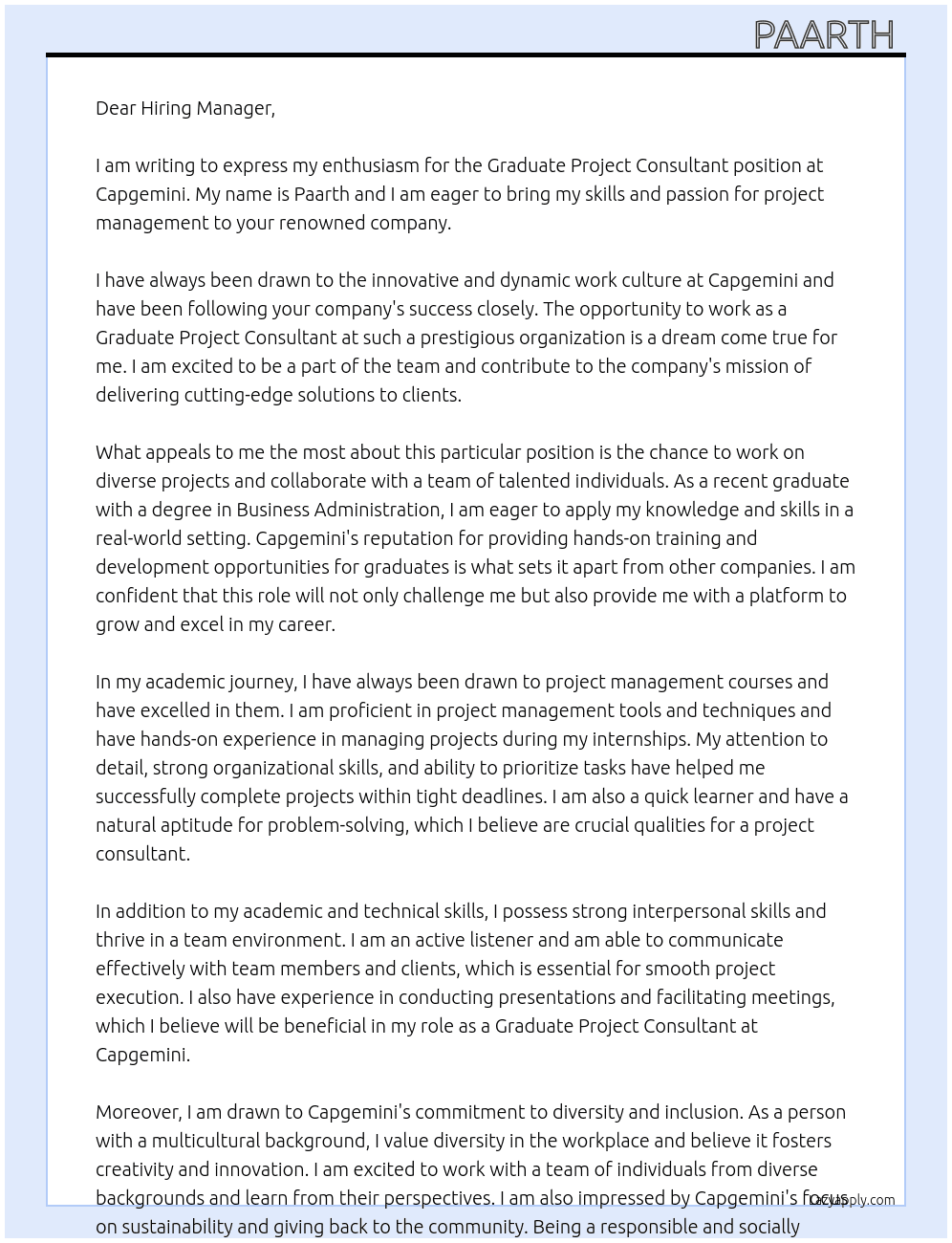 Cover letter for graduate project consultant - LazyApply