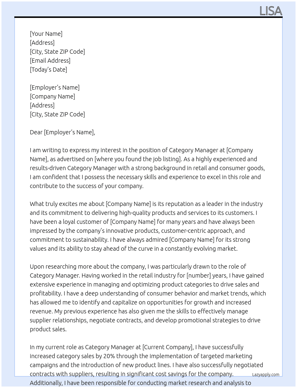 Cover letter for category manager - LazyApply