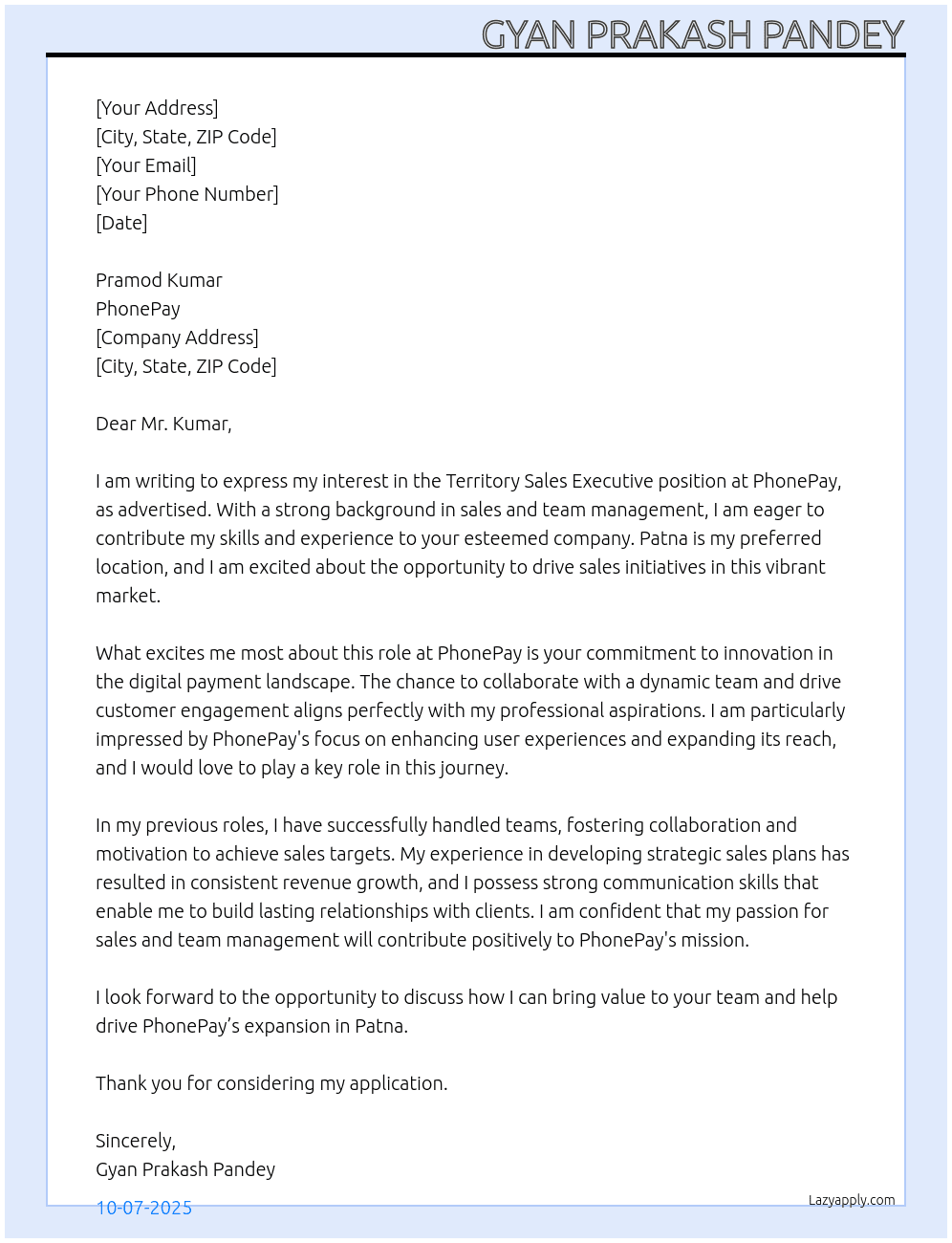 Cover letter for territory sales excutive - LazyApply