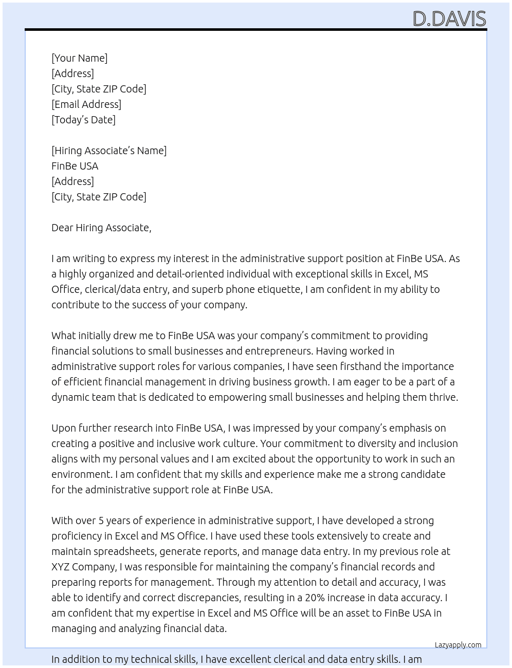 administrative support At FinBe USA Cover Letter