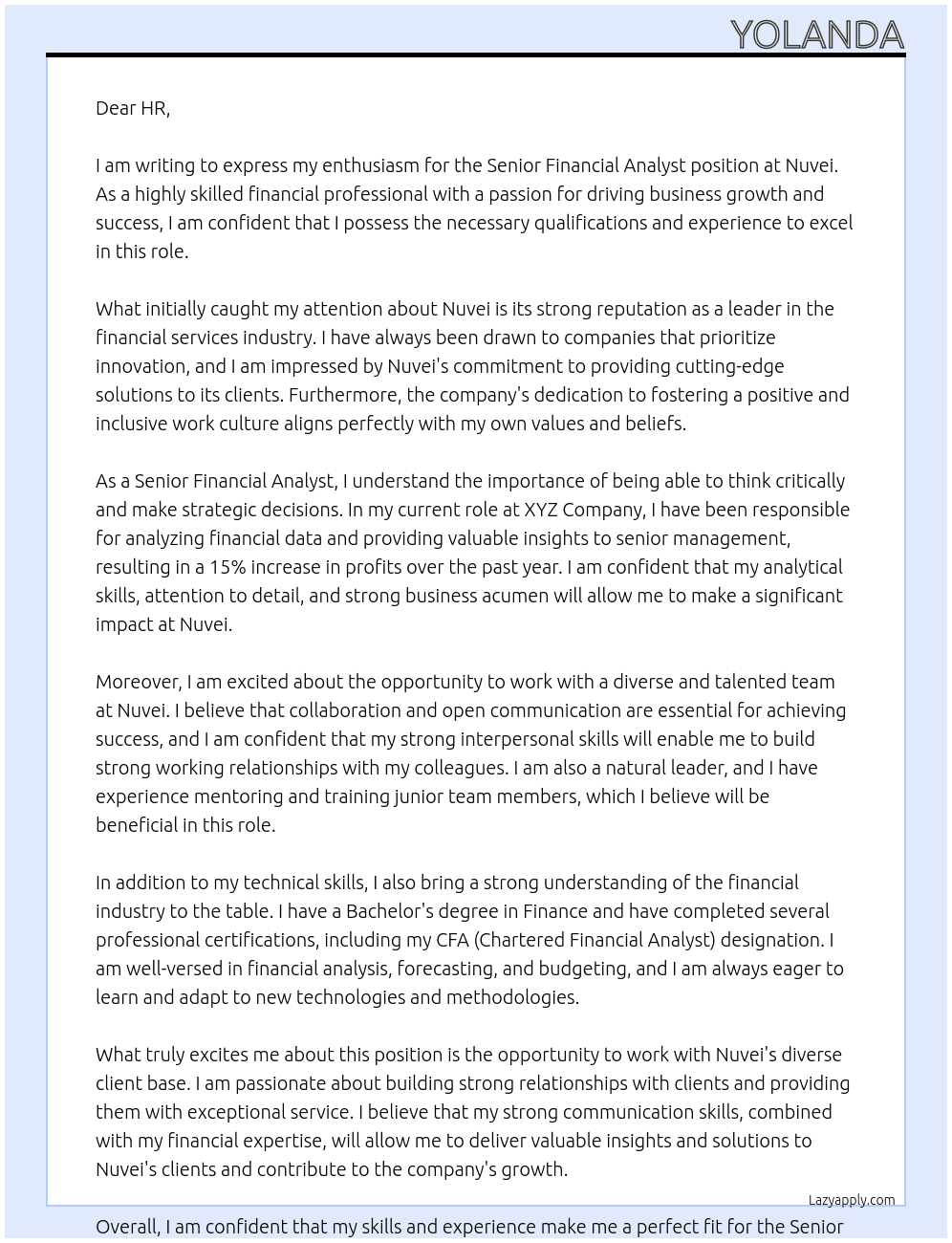 Senior Financial Analyst  At Nuvei Cover Letter