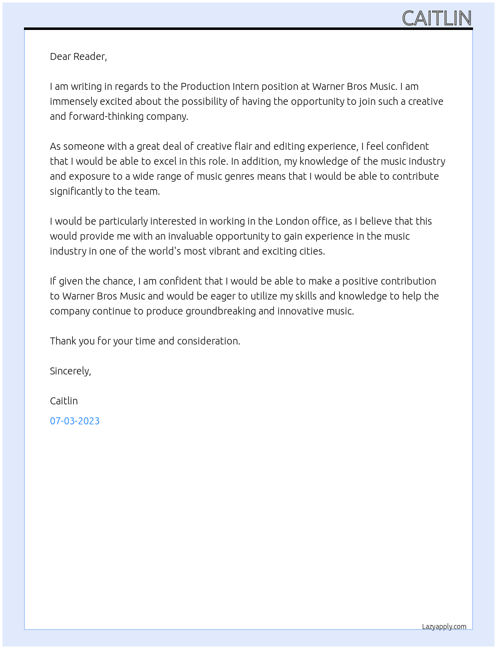 Production Intern At Warner Bros music Cover Letter