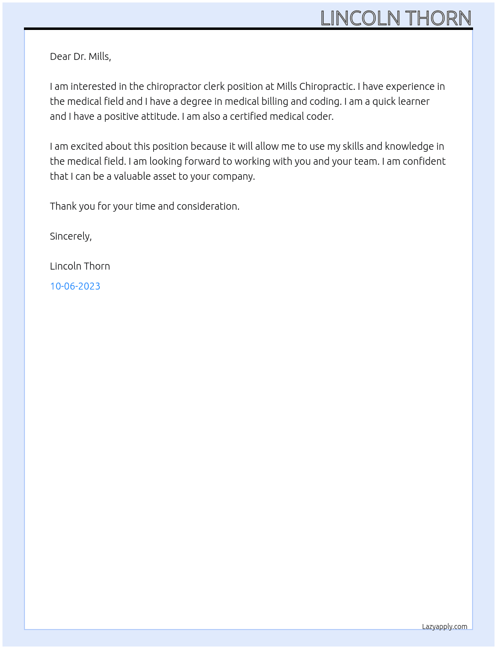 Chiropractor Clerk At Mills Chiropractic Cover Letter