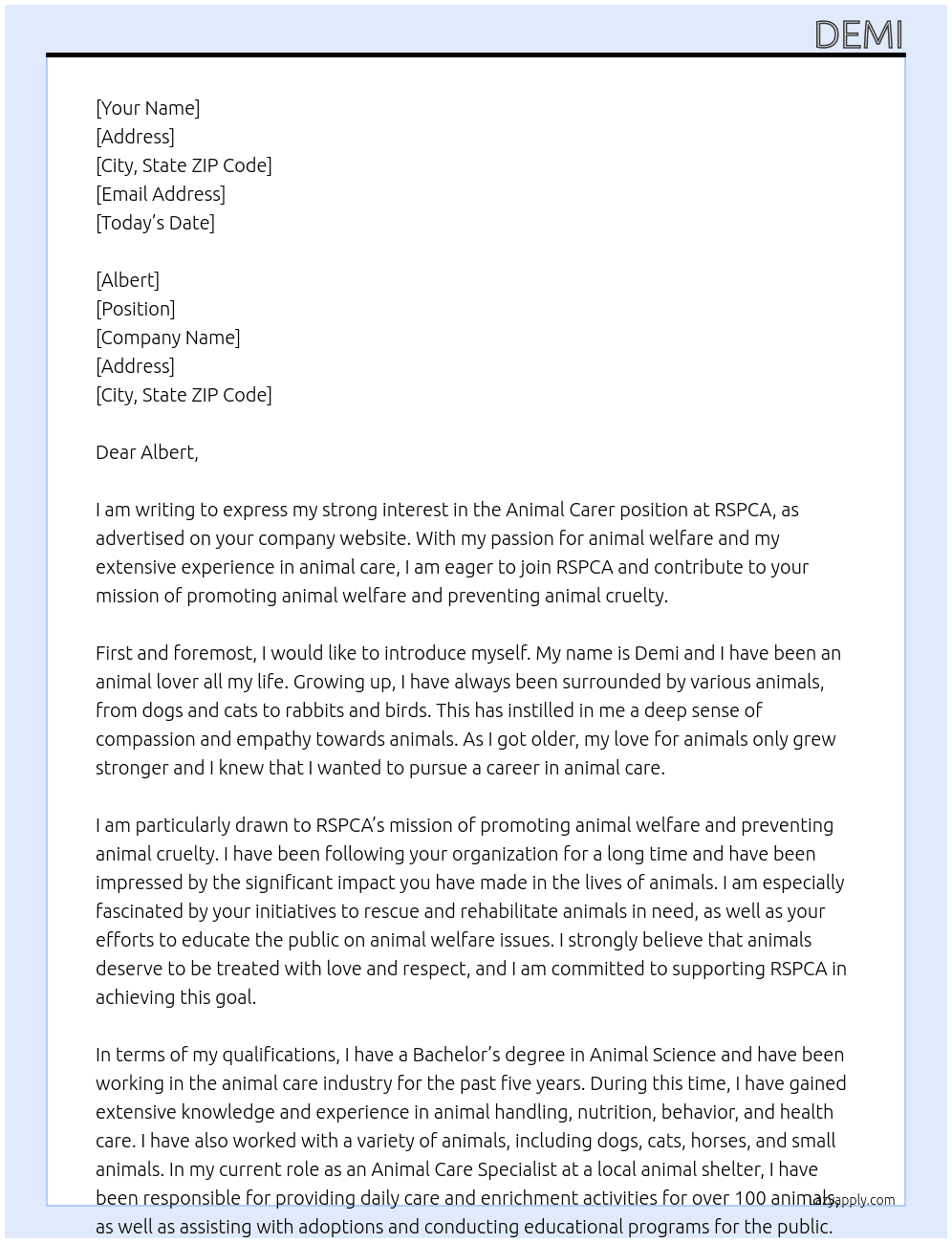 animal carer At rspca Cover Letter