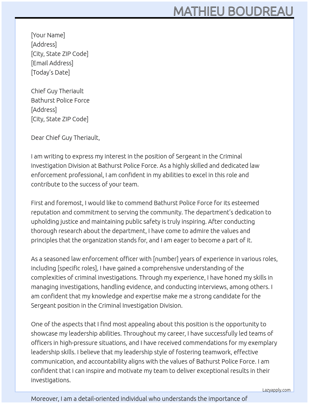 Sergeant -Criminal Investigation Division At Bathurst Police Force Cover Letter