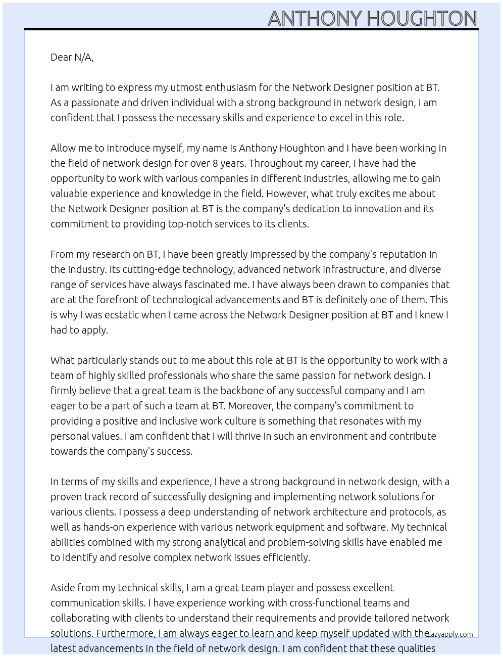 Network Designer At BT Cover Letter