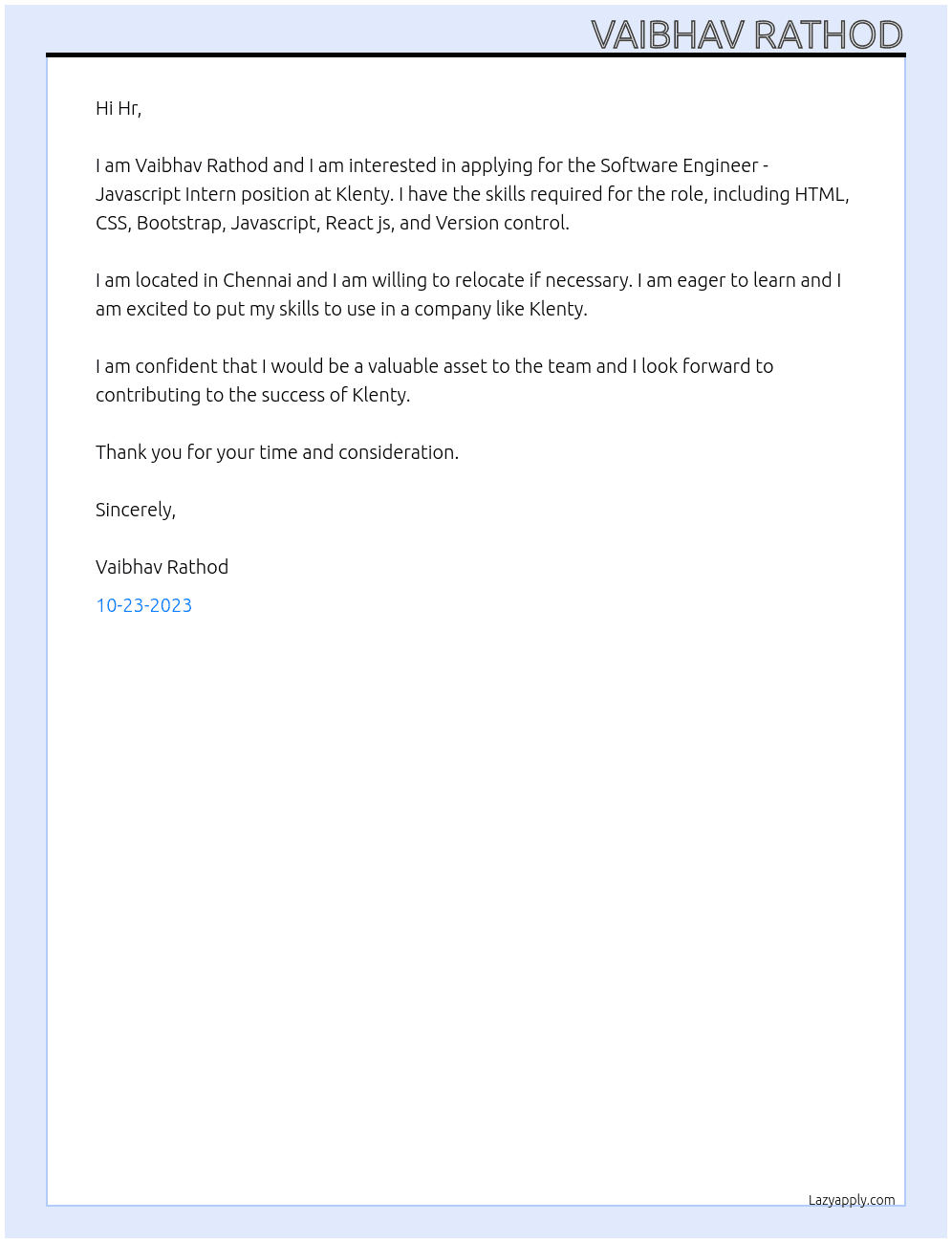 Software Engineer - Javascript Intern At Klenty  Cover Letter