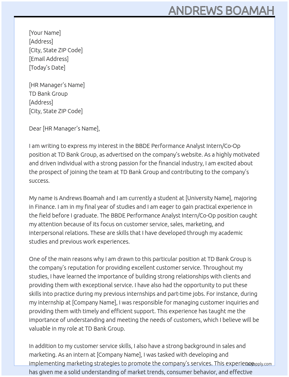 BBDE Performance Analyst Intern/ Co-Op At TD Bank Group Cover Letter
