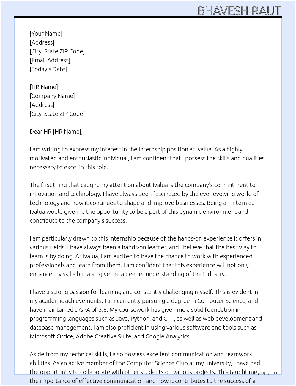 Internship At Ivalua Cover Letter