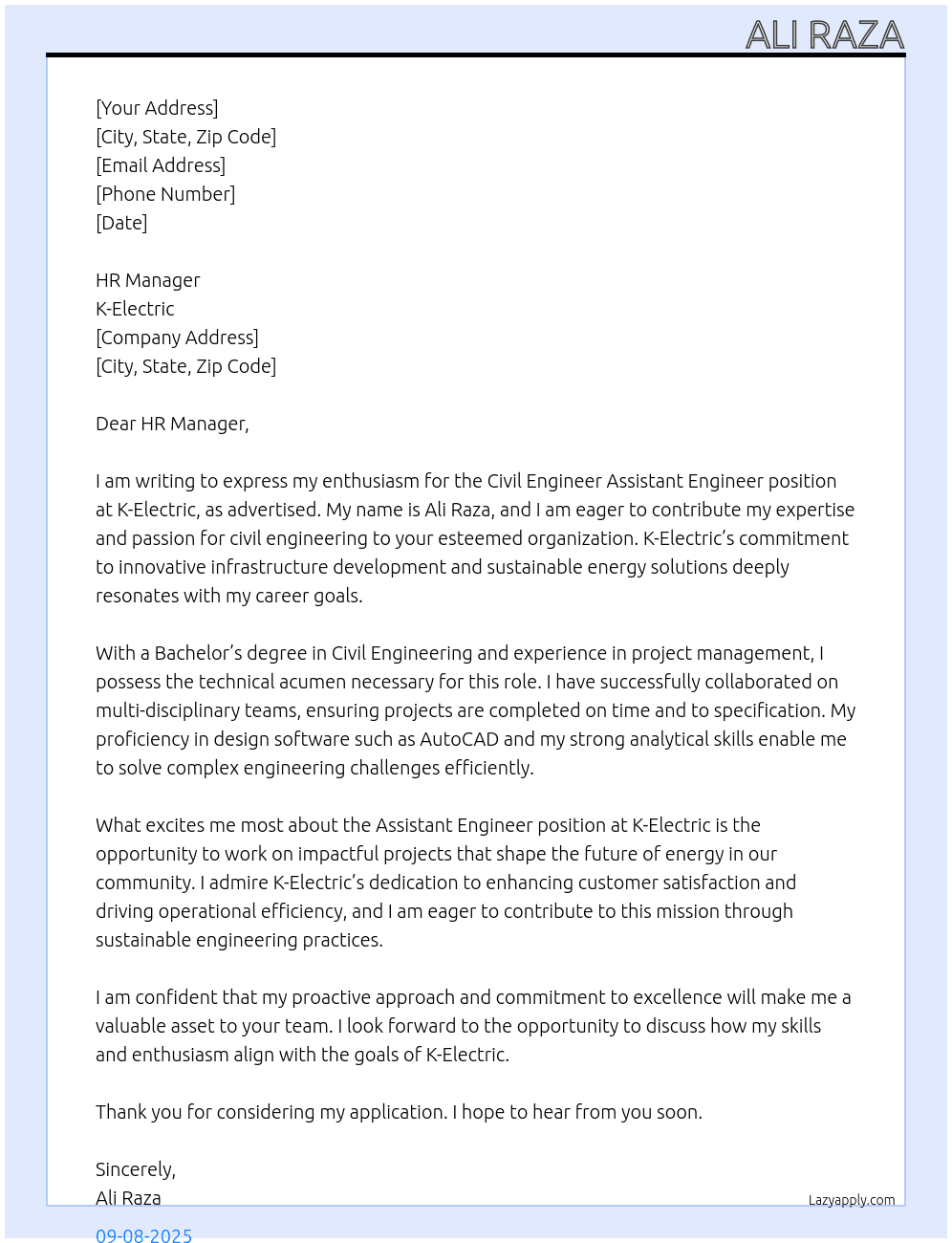 Civil engineer assitant engineer At K-electric Cover Letter