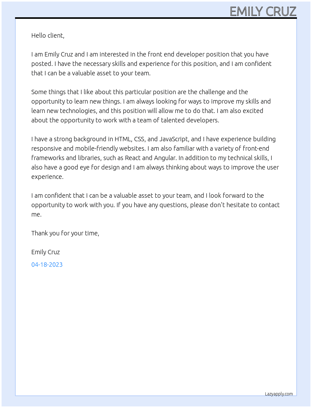 front end developer At freelancing Cover Letter
