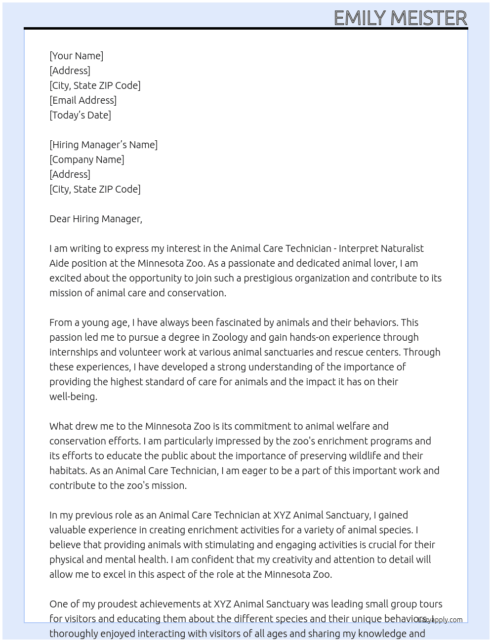 Animal Care Technician - Interpret Naturalist Aide At Minnesota Zoo Cover Letter