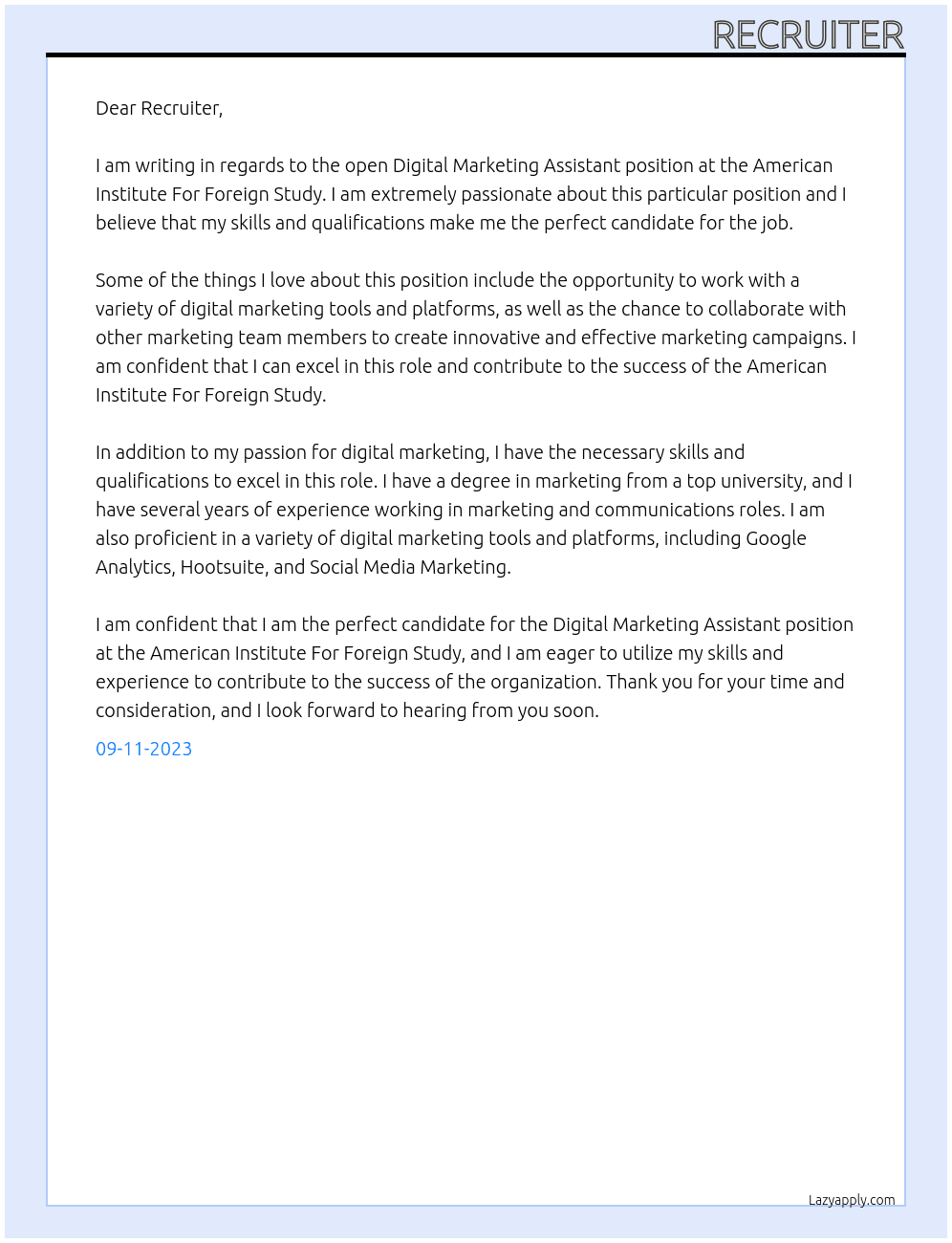 Digital Marketing Assistant At American Institute For Foreign Study Cover Letter