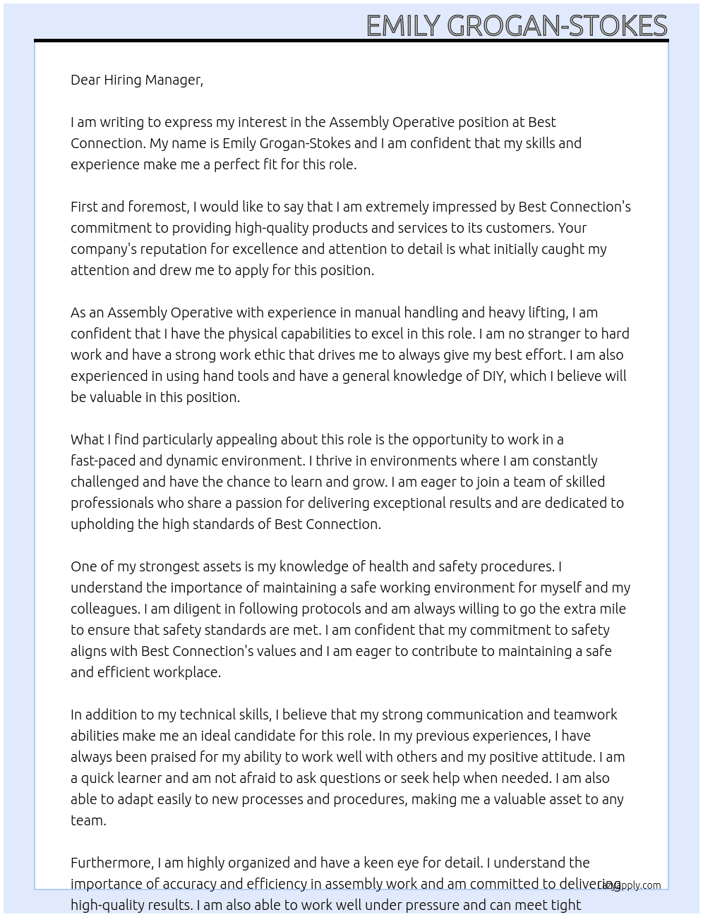 Assembly Operative At Best Connection  Cover Letter