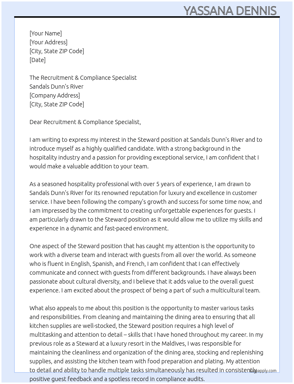 Steward  At Sandals Dunn's River Cover Letter