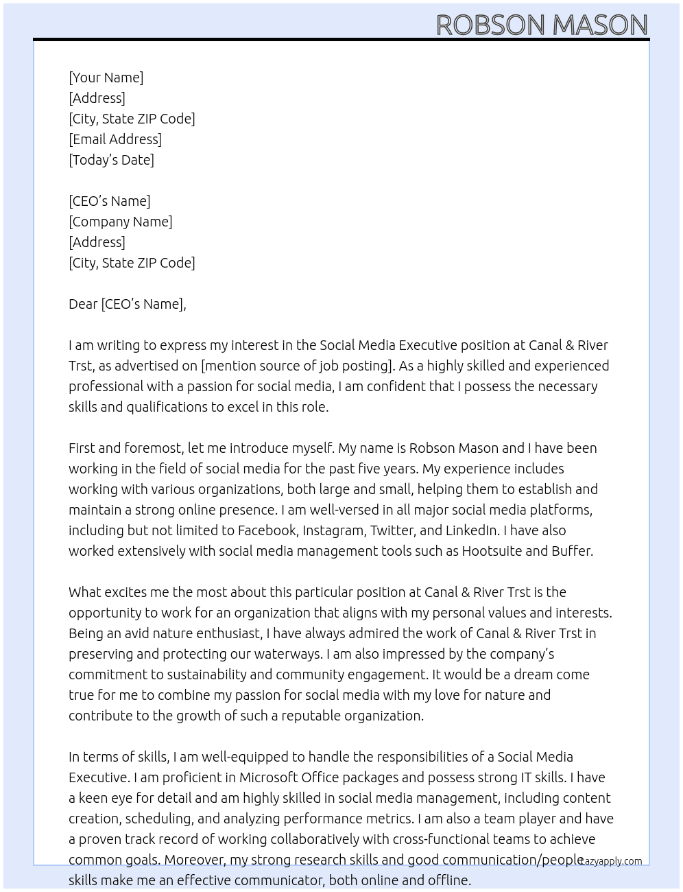 Social Media Executive At Canal & River Trst Cover Letter