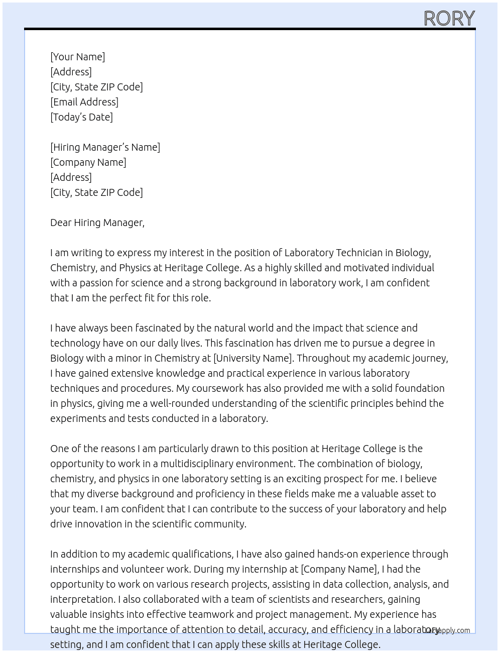 Laboratory technician in biology, chemistry, and physics At Heritage College Cover Letter