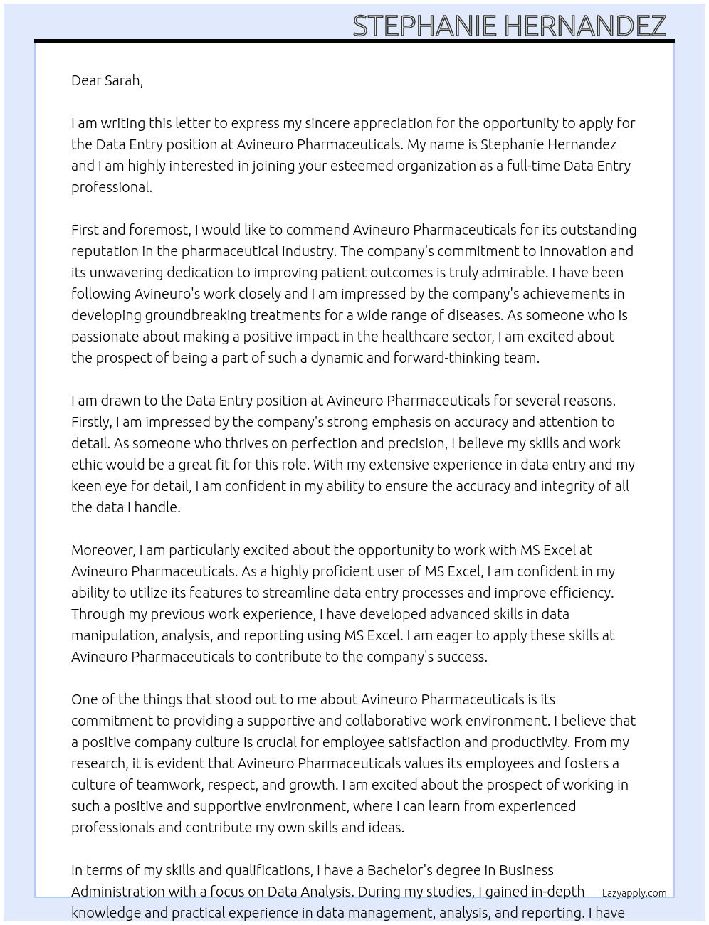 Data entry  At Avineuro Pharmaceuticals Cover Letter