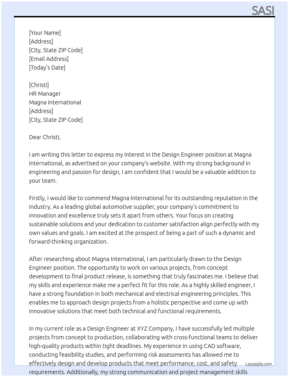 Design Engineer At Magna International Cover Letter