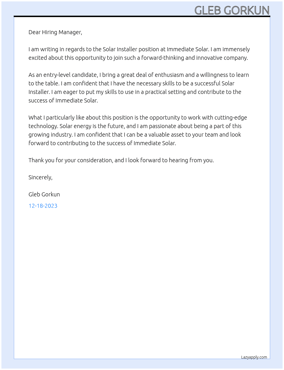 Solar installer At Immediate Solar Cover Letter
